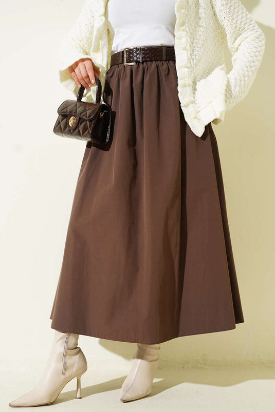 Poplin Skirt with Zipper and Belt Brown