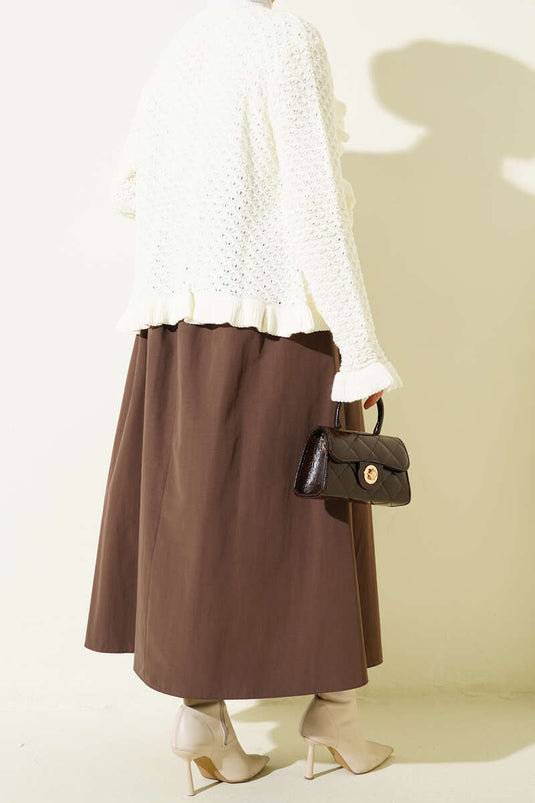 Fermuarlı Kemerli Poplin Etek Kahve