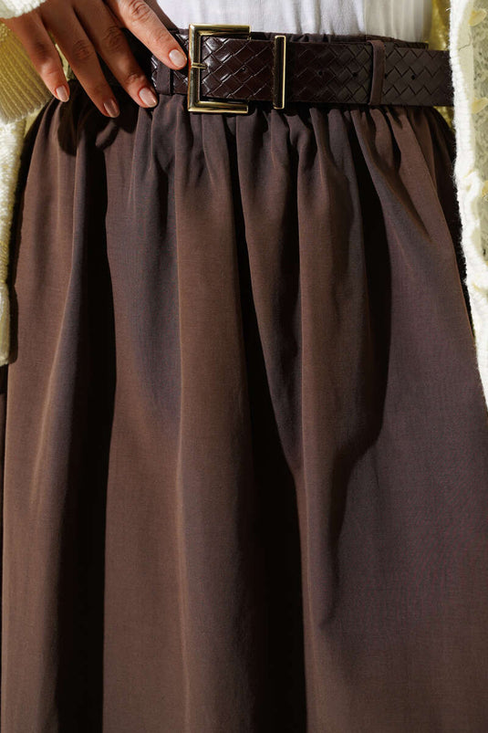 Poplin Skirt with Zipper and Belt Brown