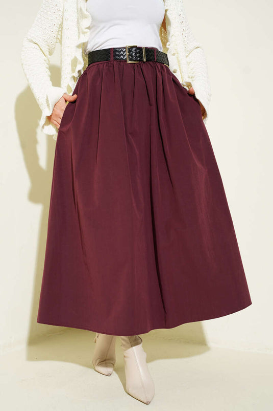 Fermuarlı Kemerli Poplin Etek Mürdüm