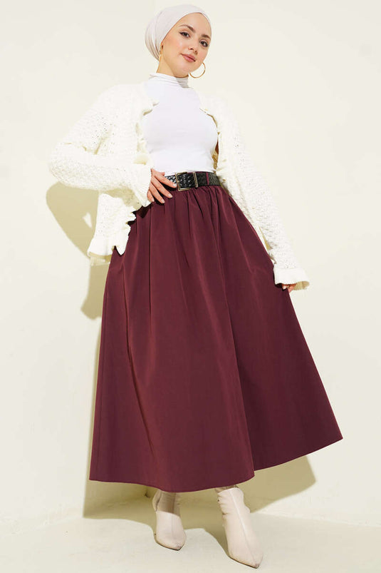Fermuarlı Kemerli Poplin Etek Mürdüm