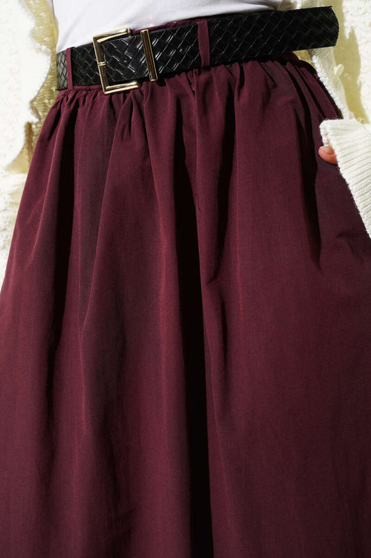 Fermuarlı Kemerli Poplin Etek Mürdüm