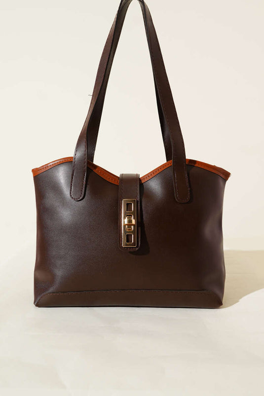 Zippered Shoulder Bag with Lock Detail, Dark Brown