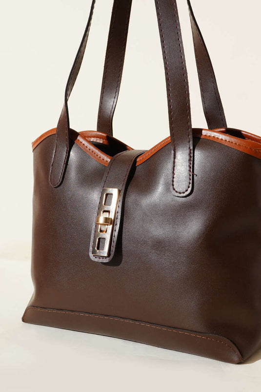 Zippered Shoulder Bag with Lock Detail, Dark Brown
