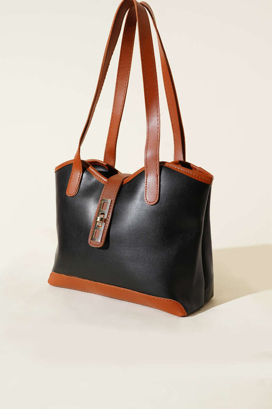 Zippered Shoulder Bag with Lock Detail, Black and Tan