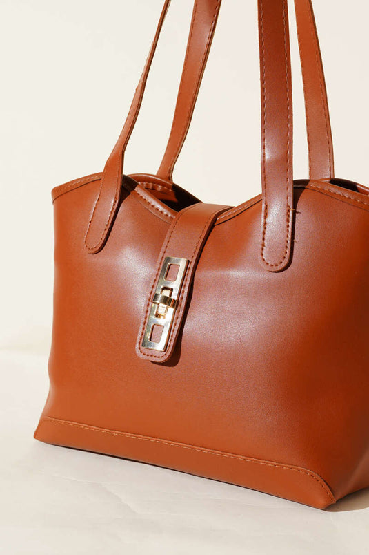 Tan Shoulder Bag with Zipper and Lock Detail