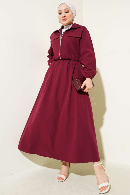 Zippered Short Jacket and Skirt Suit Claret Red