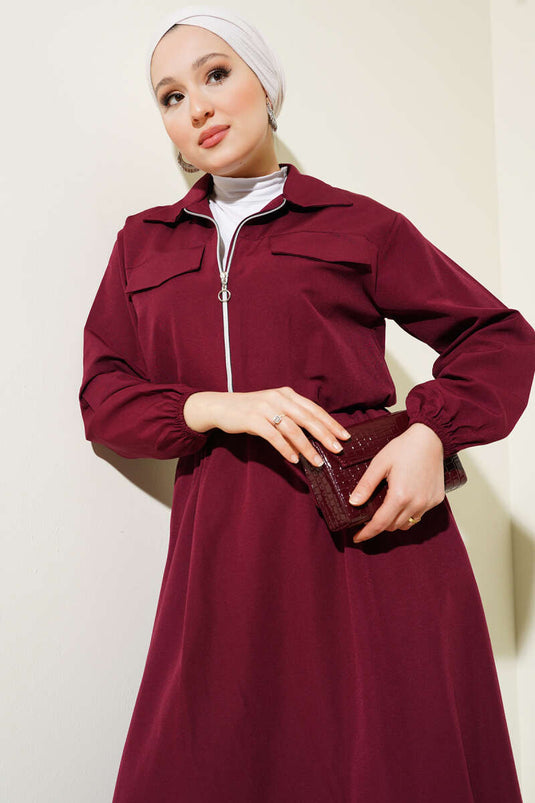 Zippered Short Jacket and Skirt Suit Claret Red