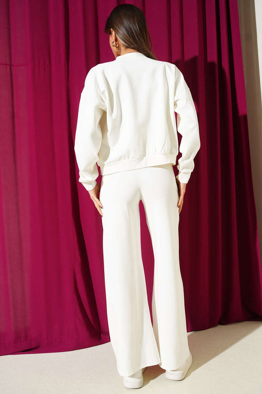 Zip-Up Short Cardigan Two-Piece Set Ecru