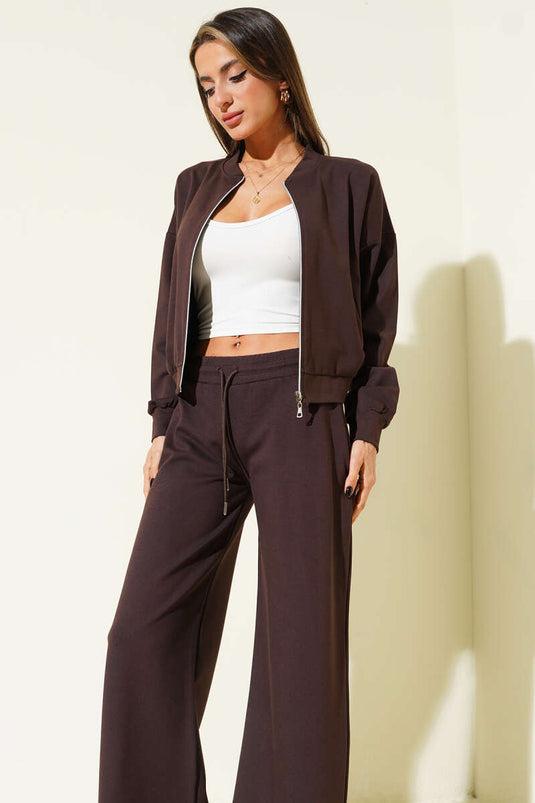 Zipped Short Cardigan Two-Piece Set Brown