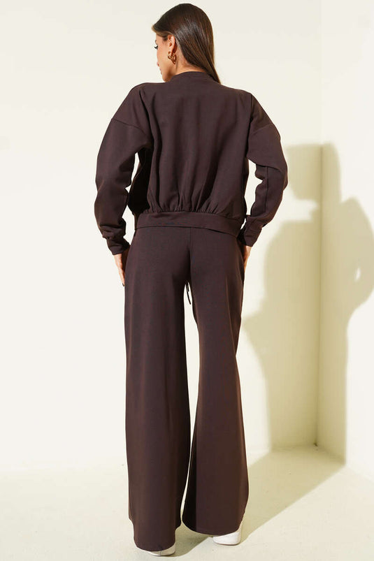 Zipped Short Cardigan Two-Piece Set Brown