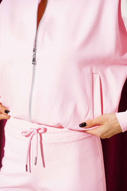 Fermuarlı Kısa Hırkalı İkili Takım Pembe