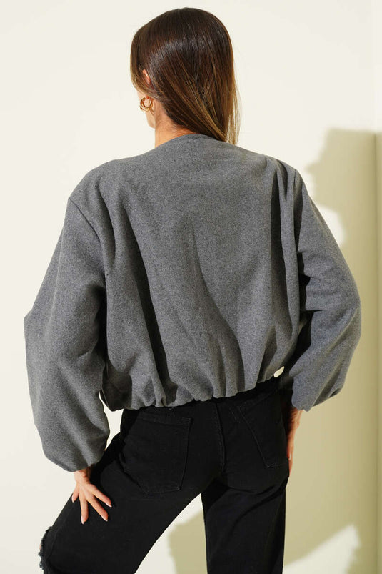 Fermuarlı Kısa Kaşe Bomber Ceket Füme