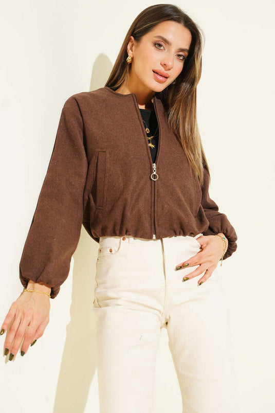 Short Zip-Up Cashmere Bomber Jacket, Brown