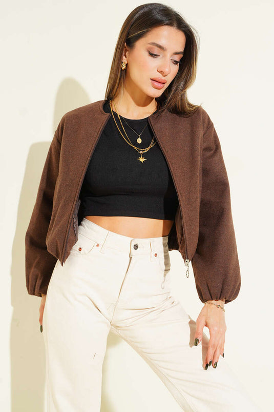 Short Zip-Up Cashmere Bomber Jacket, Brown