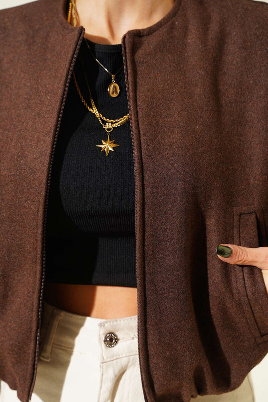 Short Zip-Up Cashmere Bomber Jacket, Brown