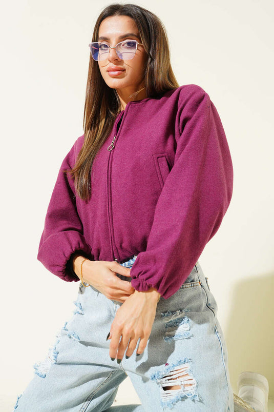 Short Zip-Up Cashmere Bomber Jacket, Magenta