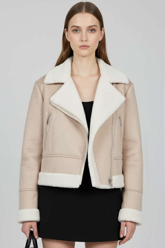 Veste courte en daim avec fermeture éclair, beige