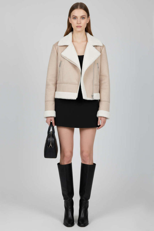 Fermuarlı Kısa Süet Mont Bej