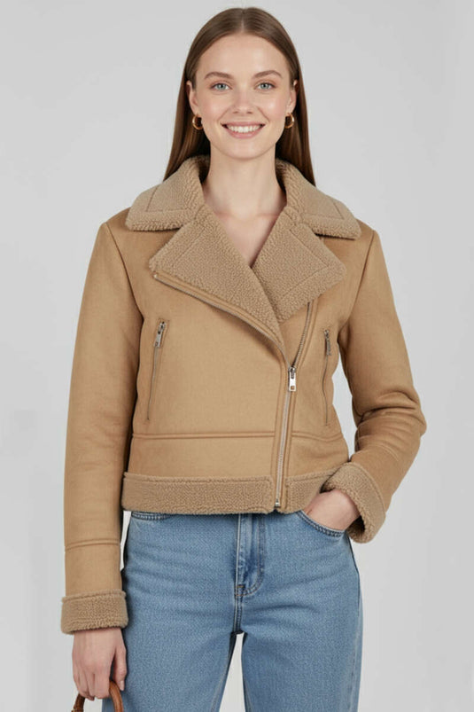 Veste courte en daim zippée, camel