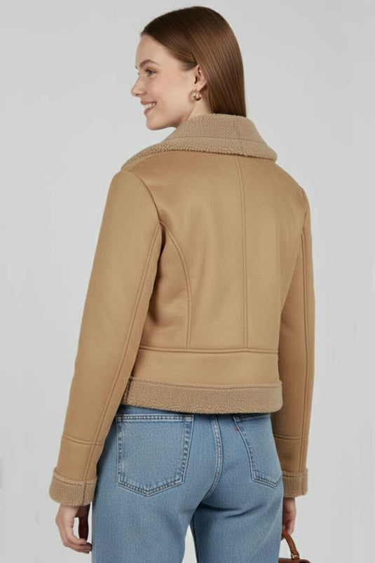 Veste courte en daim zippée, camel