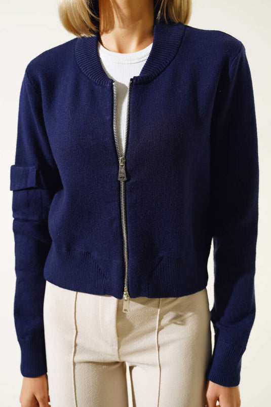 Zippered Short Knit Cardigan Navy Blue