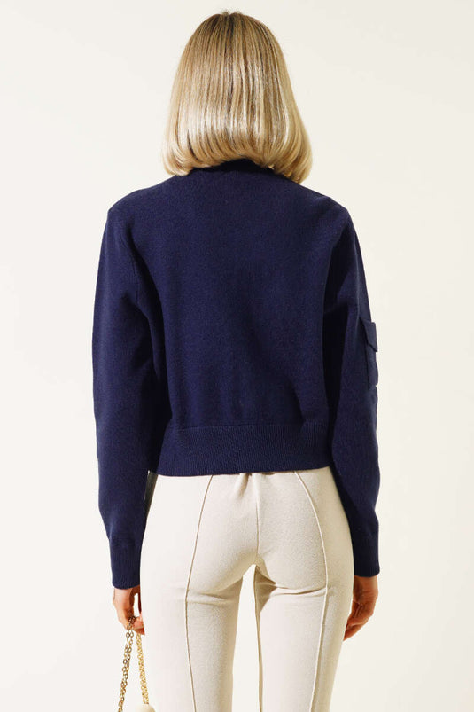 Gilet court zippé en maille bleu marine