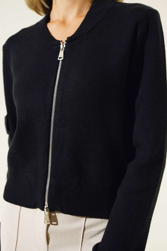 Zippered Short Knit Cardigan Black