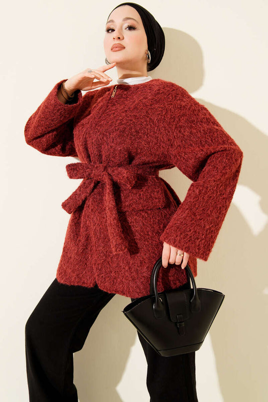 Giacca in feltro bordeaux con cerniera e cintura