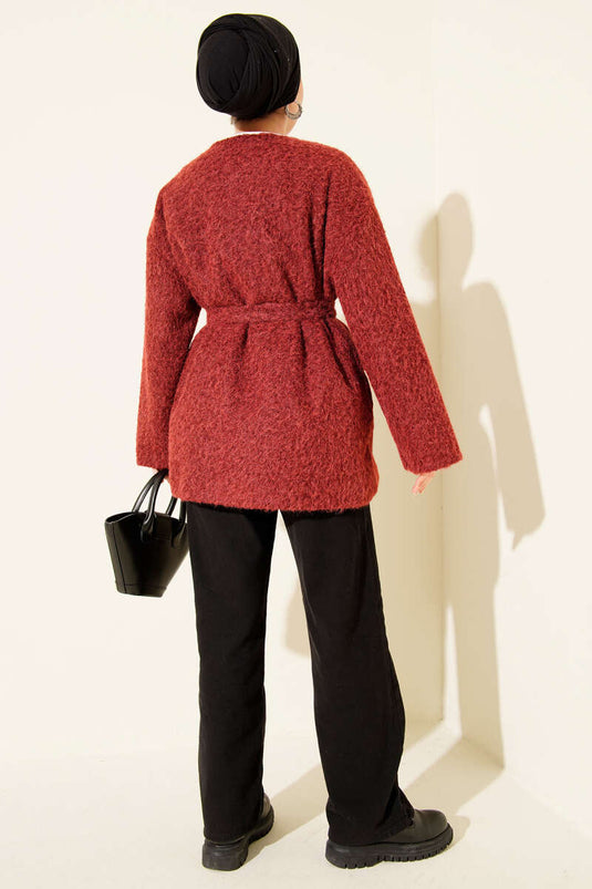 Veste en feutre bordeaux avec fermeture éclair et ceinture
