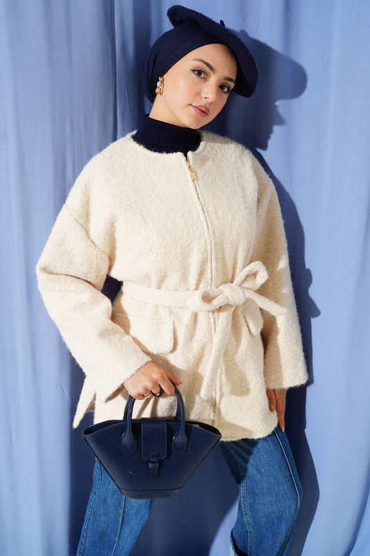 Filzjacke mit Reißverschluss und Gürtel, ecru