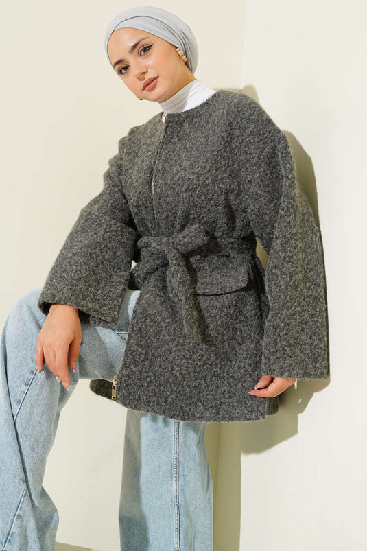 جاكيت من اللباد بسحاب وحزام رمادي