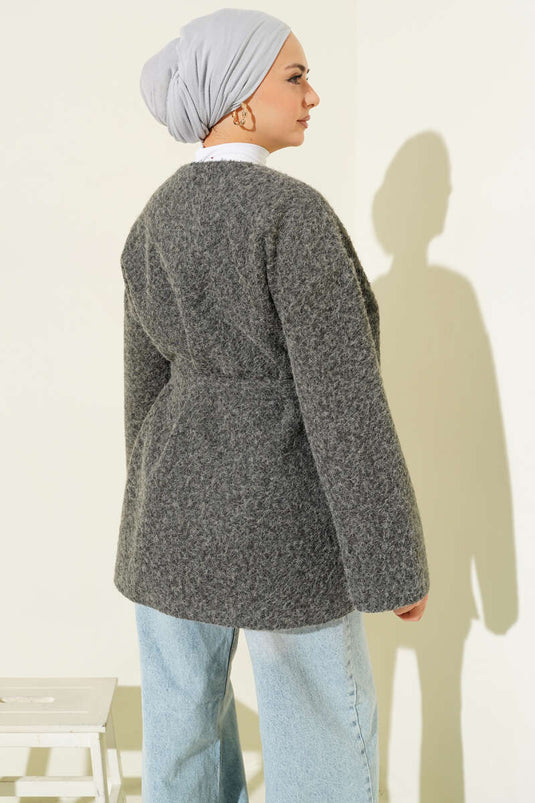 جاكيت من اللباد بسحاب وحزام رمادي