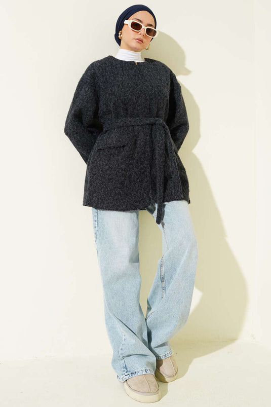 Zippered Belted Felt Jacket Navy Blue