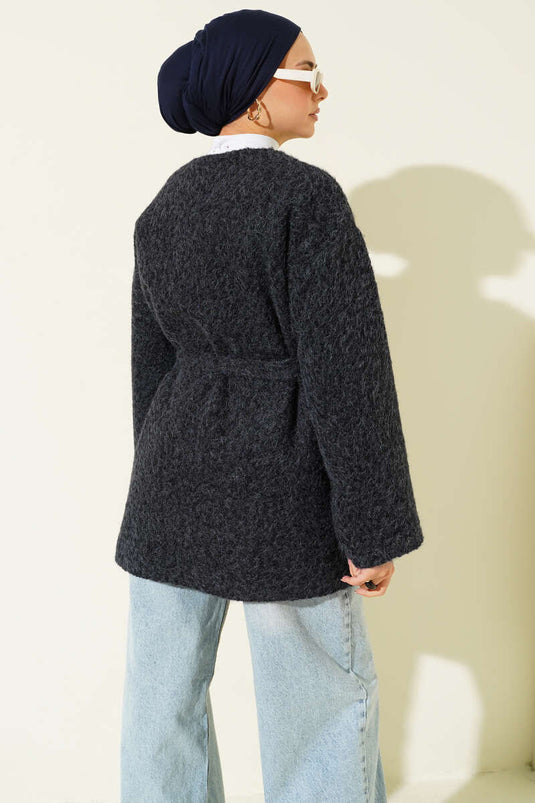 Zippered Belted Felt Jacket Navy Blue