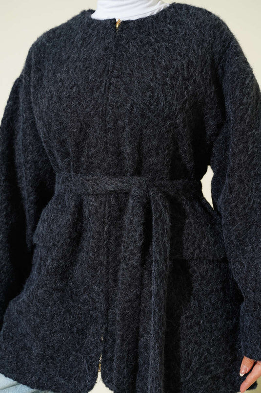 جاكيت من اللباد بسحاب وحزام أزرق داكن