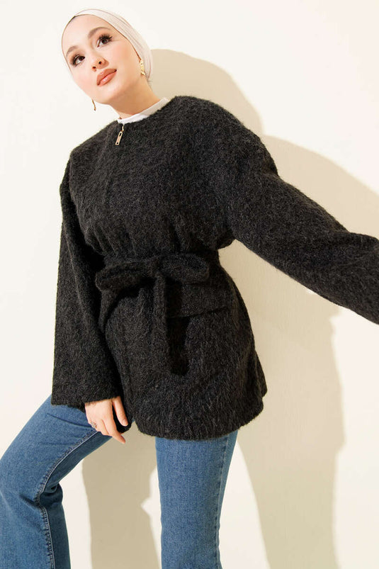 Fermuarlı Kuşaklı Keçe Ceket Siyah