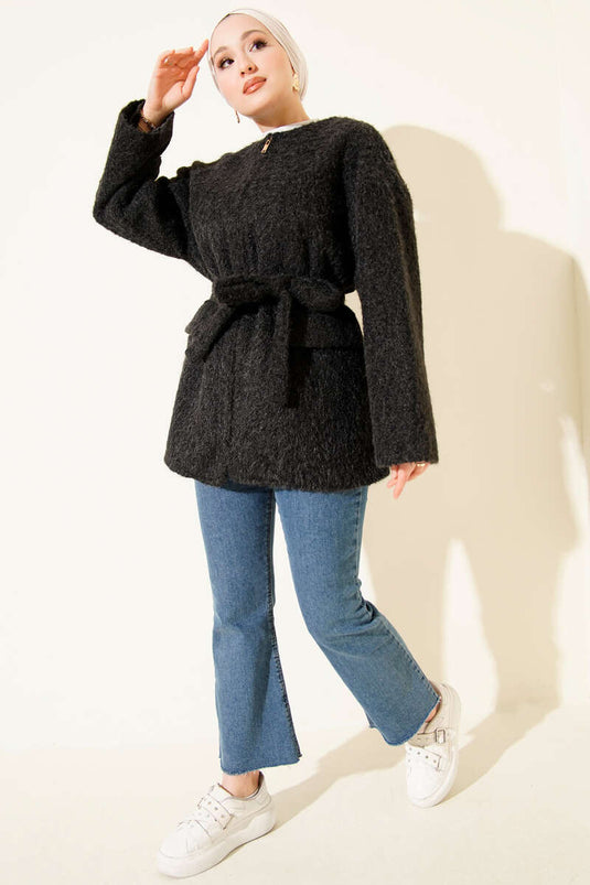 Fermuarlı Kuşaklı Keçe Ceket Siyah