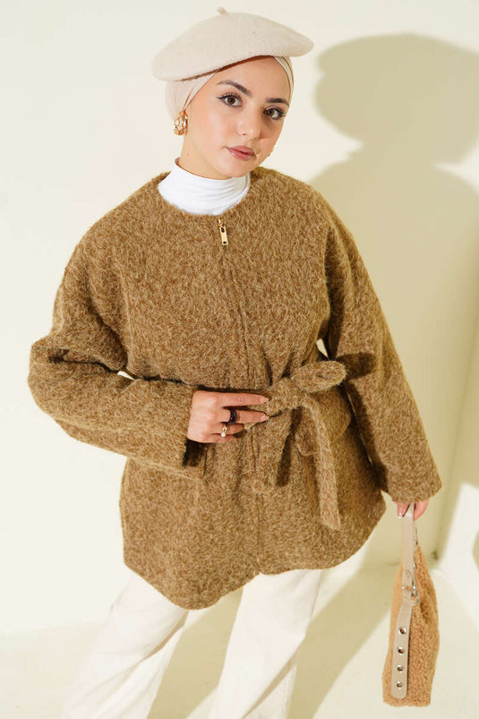 Zippered Belted Felt Jacket in Tan