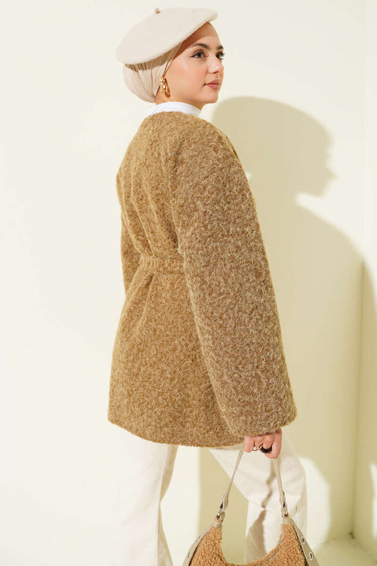 Zippered Belted Felt Jacket in Tan