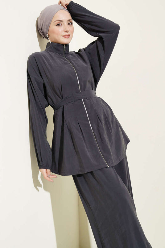 Ensemble double en modal avec ceinture zippée, couleur fumée
