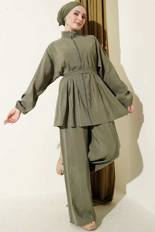 Completo doppio in modal con cintura e zip, colore kaki