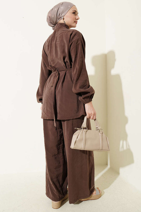 Ensemble double en modal avec ceinture zippée marron
