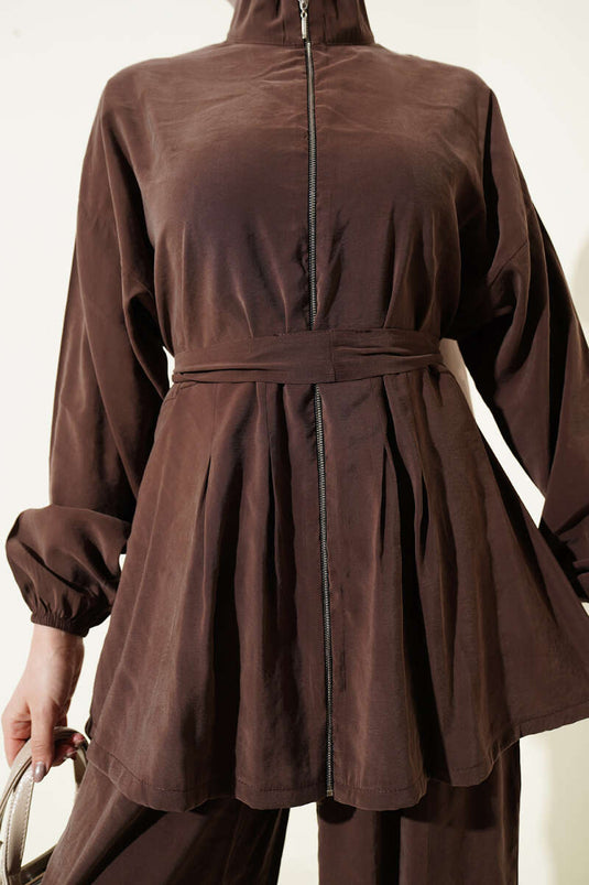 Ensemble double en modal avec ceinture zippée marron