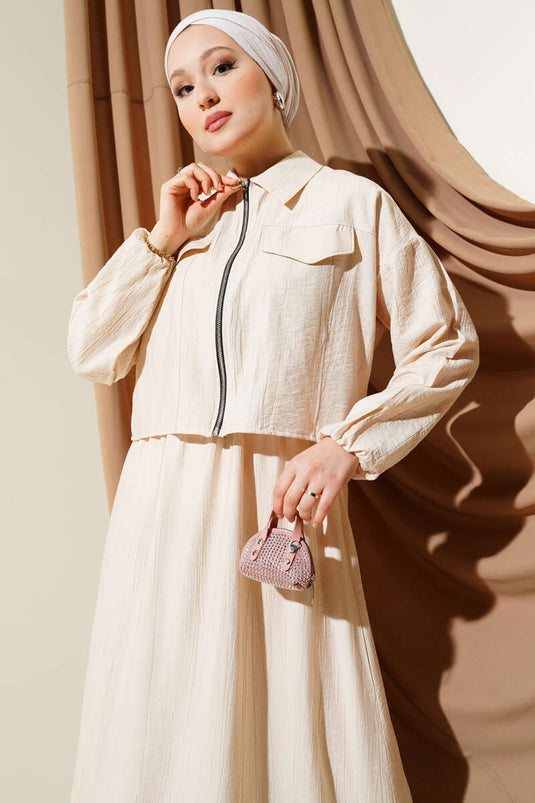 طقم كارديجان مرن بسحاب من قطعتين، بيج