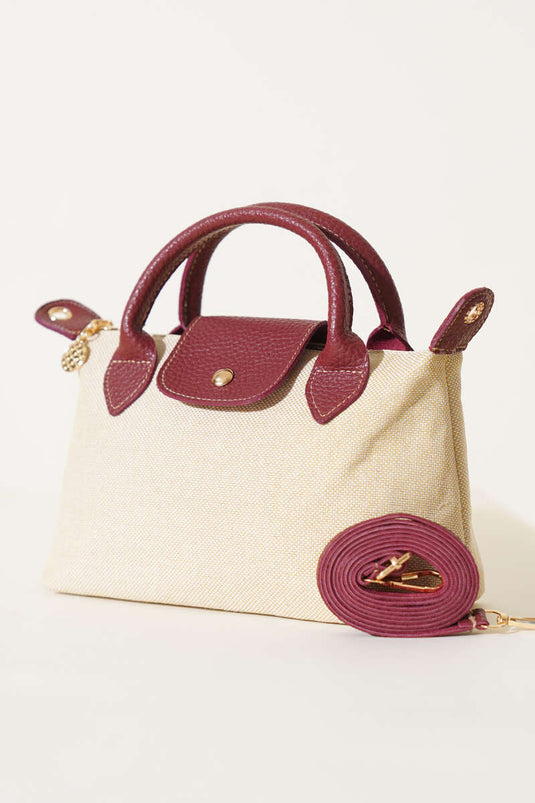Zippered Straw Bag with Magnetic Detail, Burgundy