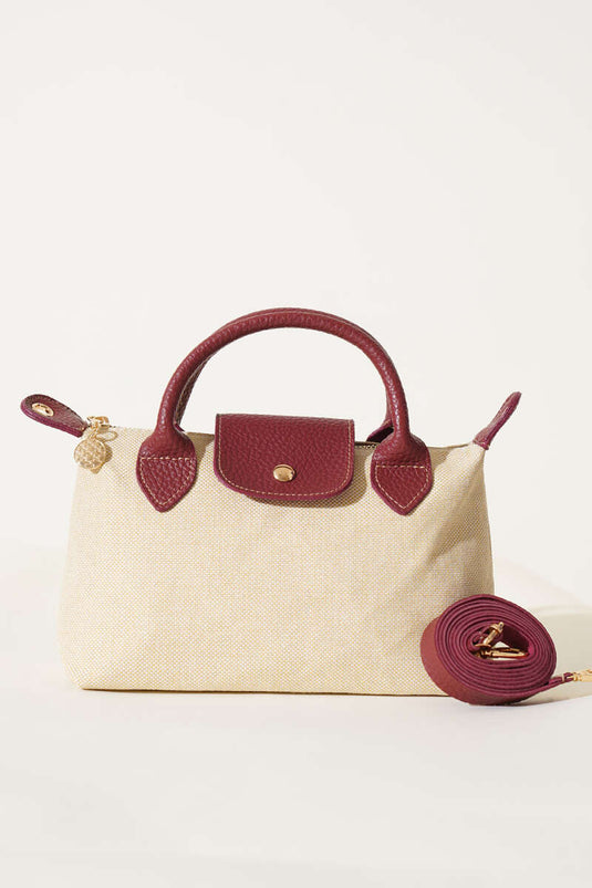 Zippered Straw Bag with Magnetic Detail, Burgundy