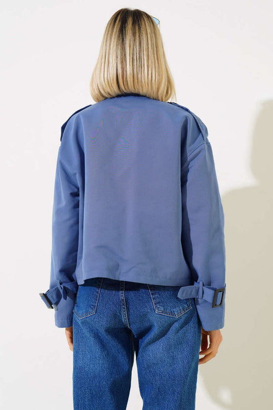 Fermuarlı Omuz Apoletli Kısa Ceket İndigo