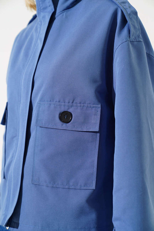 Fermuarlı Omuz Apoletli Kısa Ceket İndigo