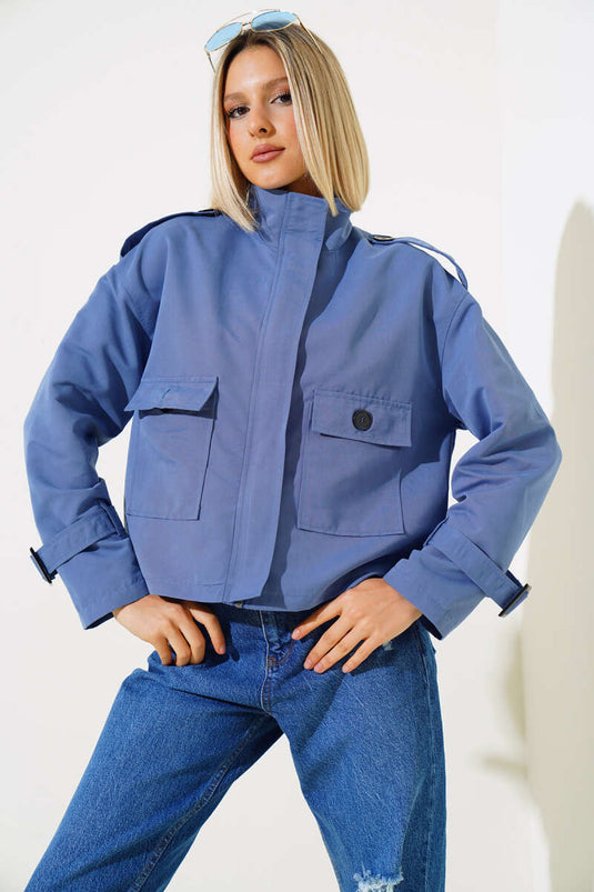 Fermuarlı Omuz Apoletli Kısa Ceket İndigo